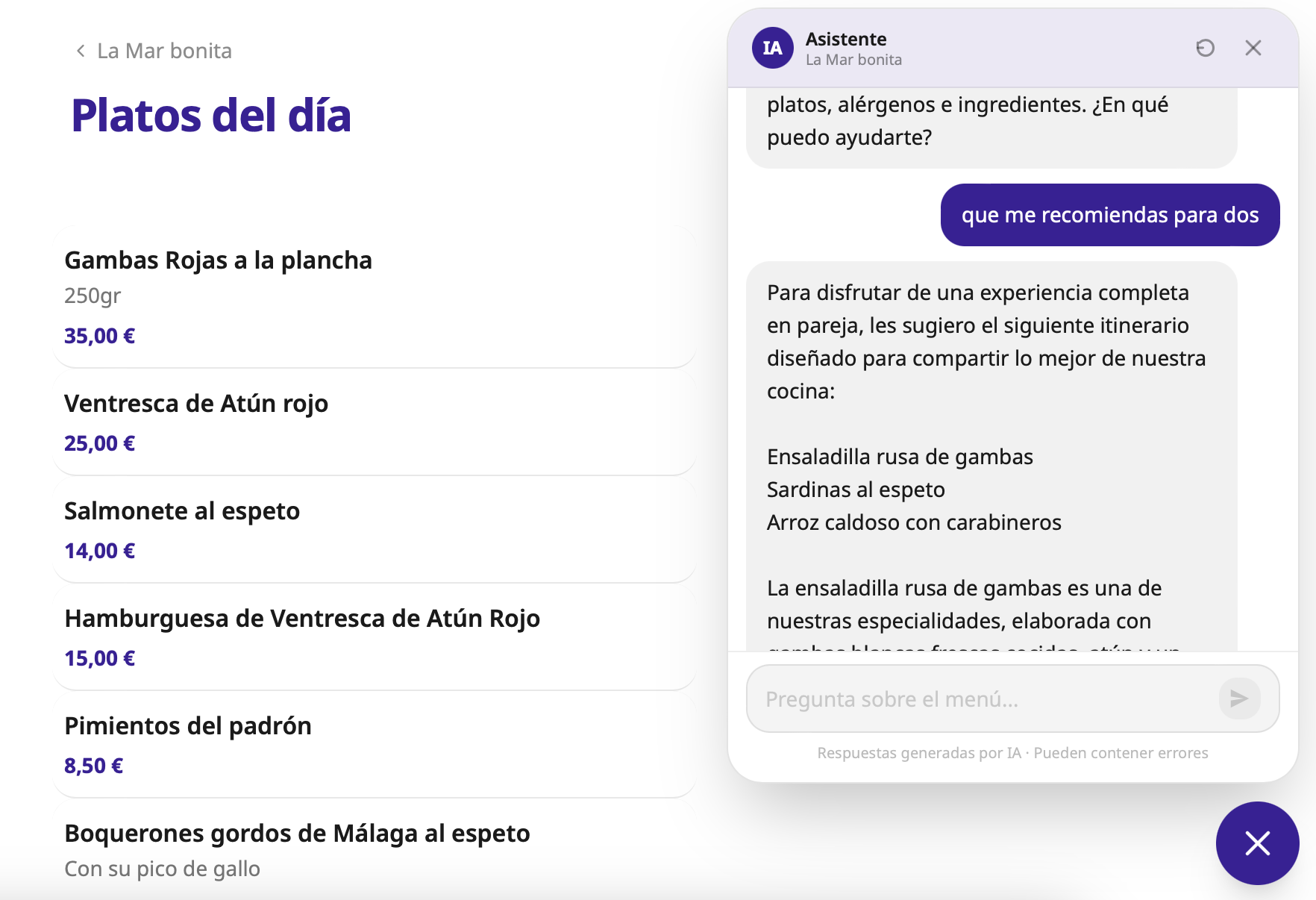Asistente IA en carta digital de restaurante La Mar bonita — ejemplo real de conversación